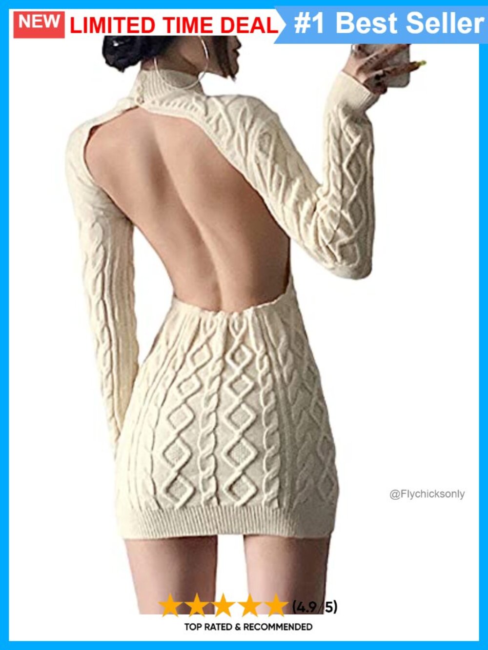 Backless Cable Knit Sweater Dress Mock Turtleneck Long Sleeve